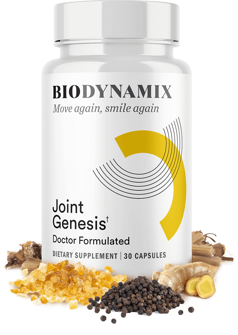 Joint Genesis Mobilee hyaluronic acid supplement bottle with Boswellia, ginger, and pine bark ingredients