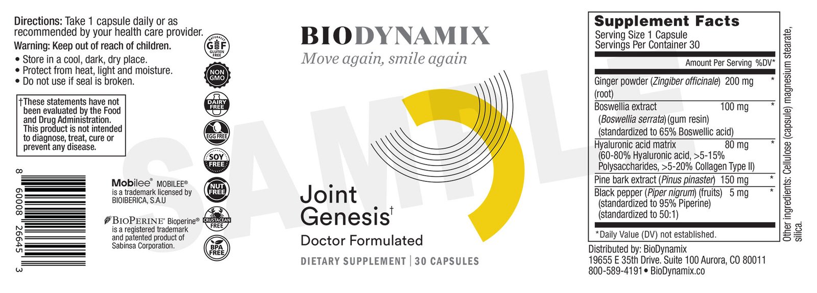 Joint Genesis supplement facts label showing Mobilee hyaluronic acid matrix, Boswellia, ginger, and pine bark dosages
